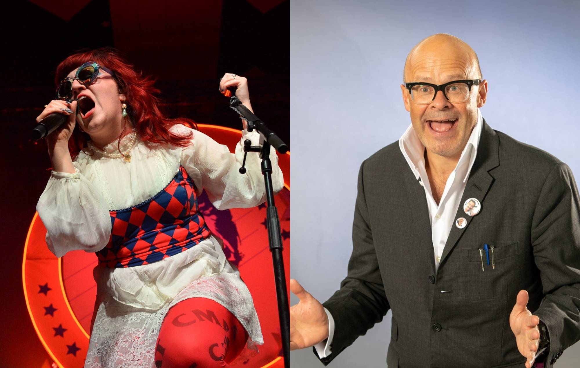 Guarda Harry Hill unirsi al CMAT sul palco dello spettacolo dell'Alexandra Palace di Londra vestito da bersaglio