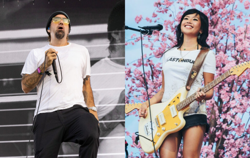 two side by side pictures of Chino Moreno (left) and Beabadoobee (right) performing live on stage