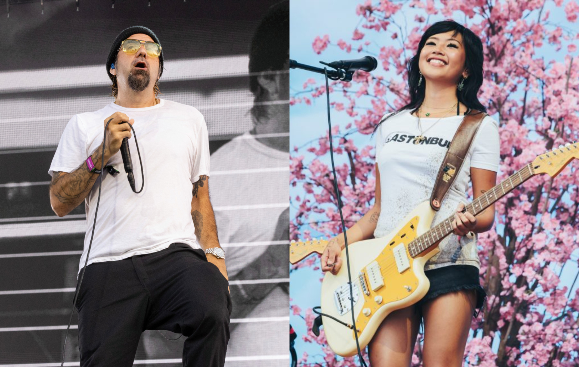 two side by side pictures of Chino Moreno (left) and Beabadoobee (right) performing live on stage